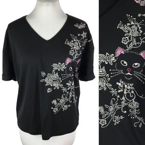 Vintage 90s Sz Petite M Embellished cat design tee